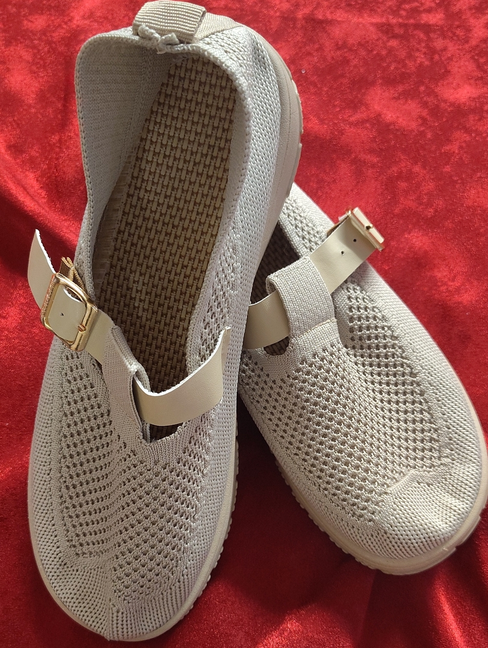 American Apparel Cream Knit Mary Jane Flats with Gold Buckle